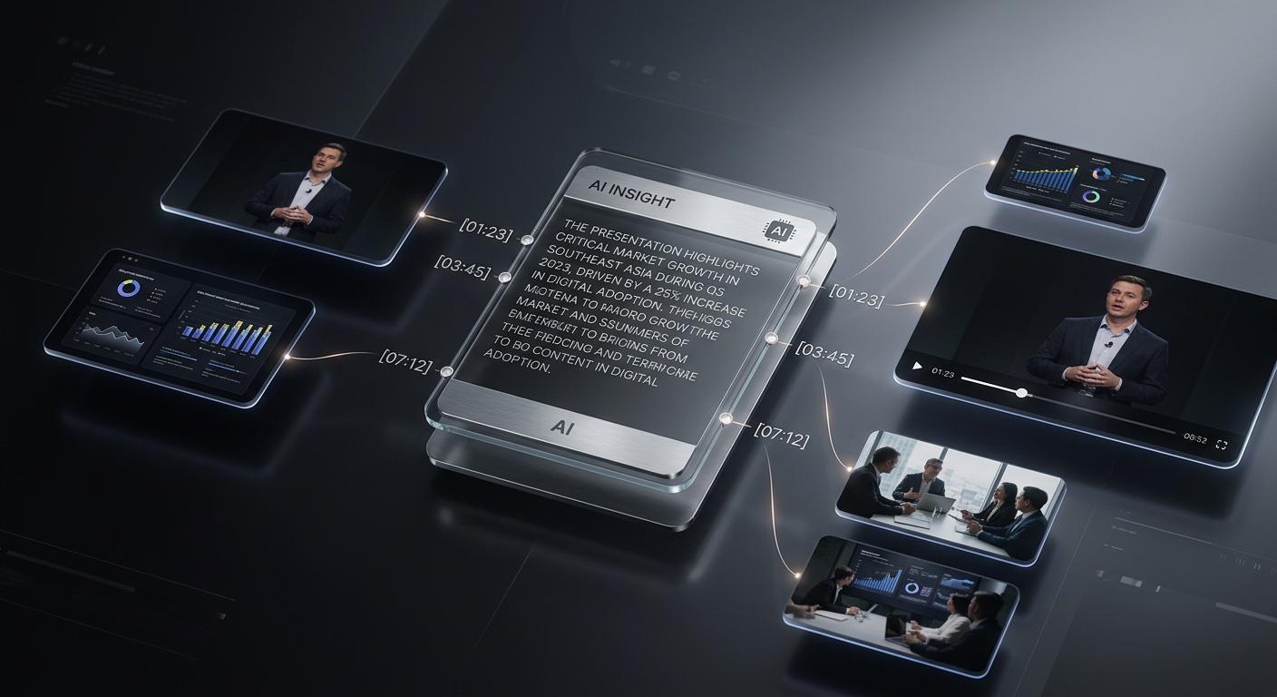 An AI insight panel surrounded by source clips with timestamp brackets — every claim traceable to a moment.