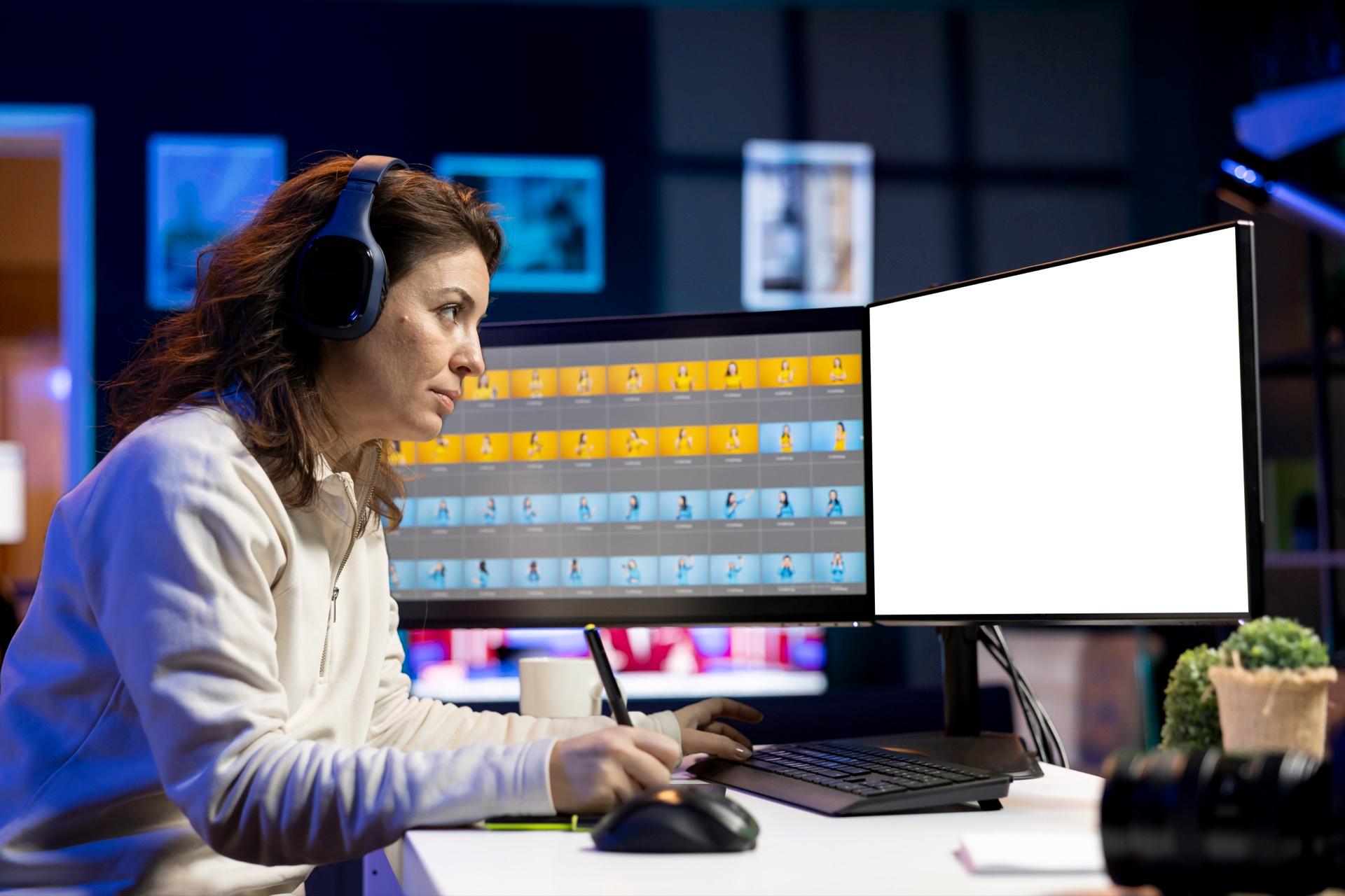 An editor at a multi-monitor workstation, scanning thumbnails — the lookup work that precedes the cut.